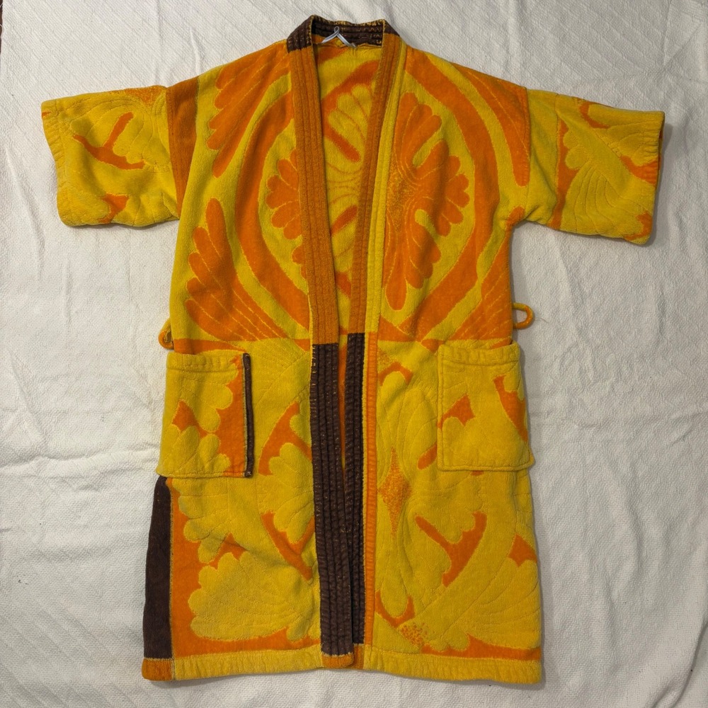 Vintage 70s Terry Cloth Robe Yellow Orange Psychedelic Belted Kimono Towel - Picture 4 of 7